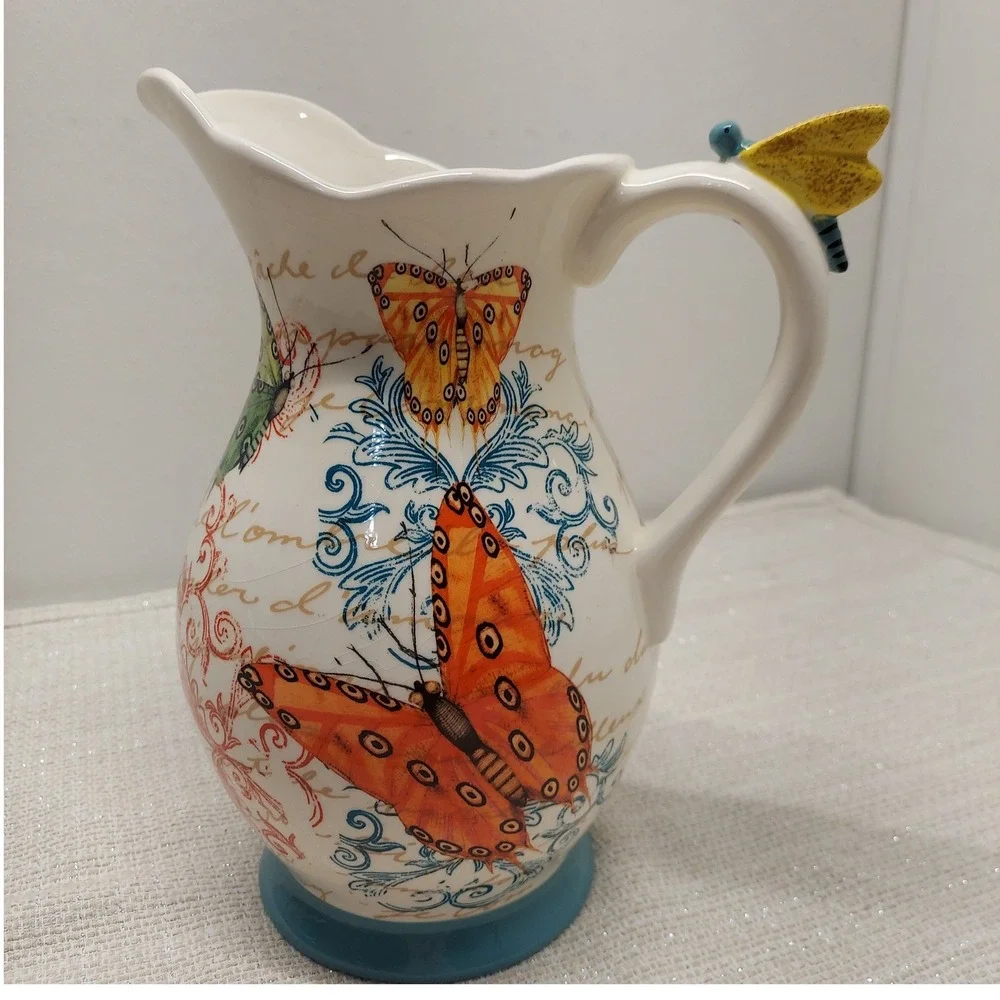 Cracker Barrel Butterfly Ceramic Pitcher French Country Script Decor 10